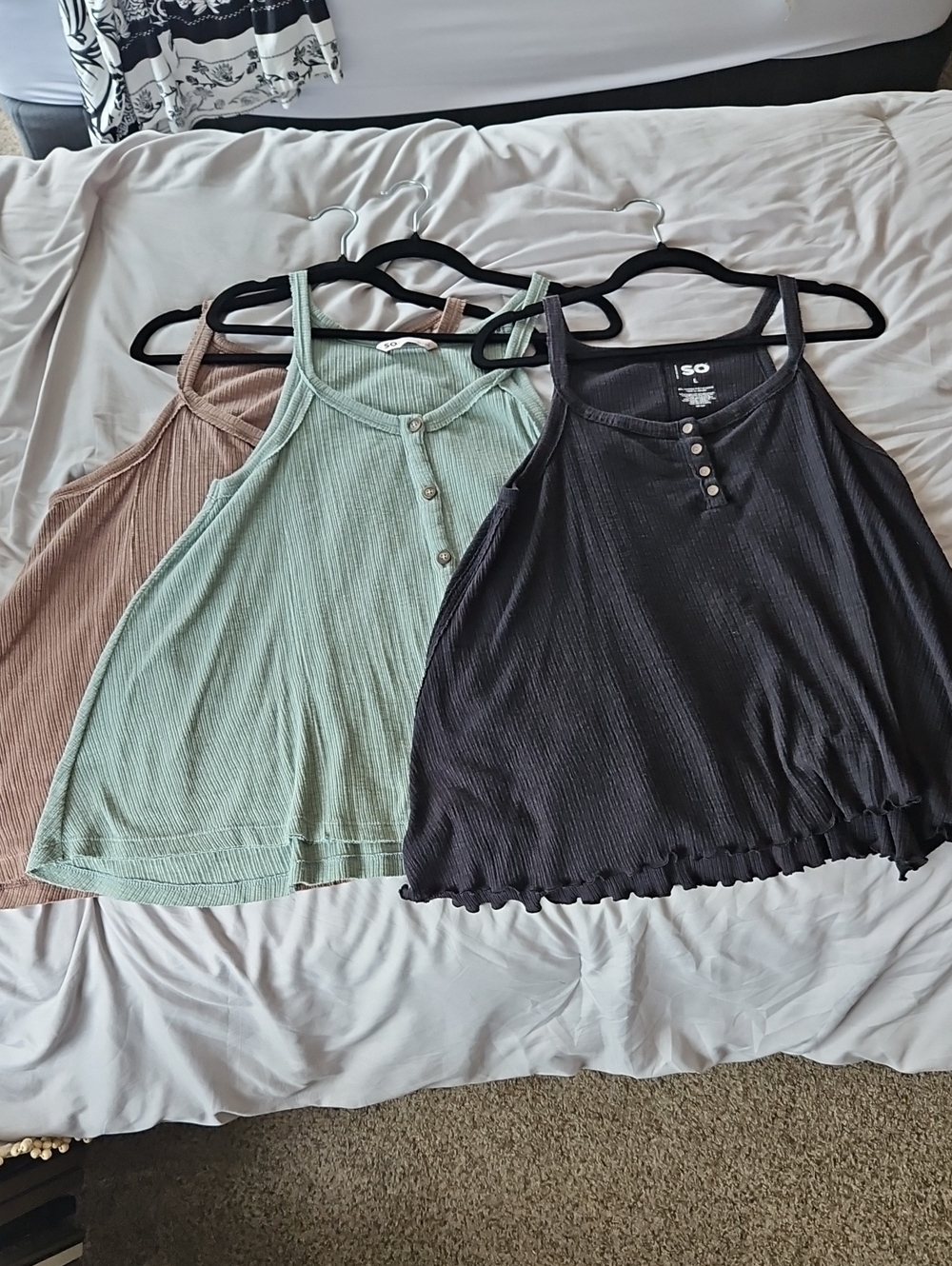SO Trio Black, Green, Brown Ribbed Tanks with Button Placket